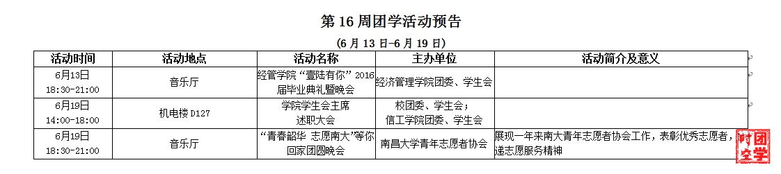第16周团学活动预告_(2016年6月13日-6月19日)
