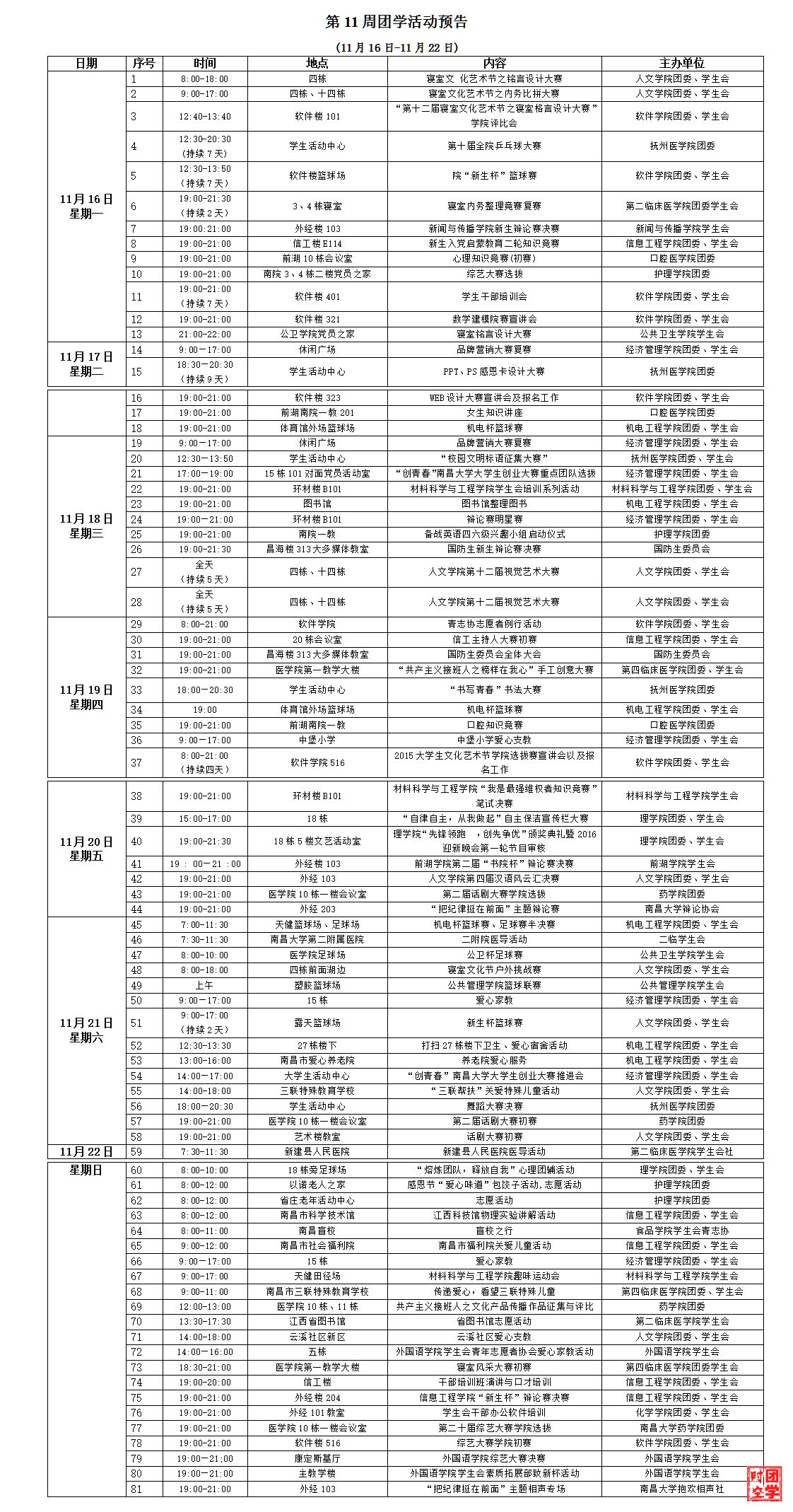 第十一周团学活动预告（11月16日-11月22日）