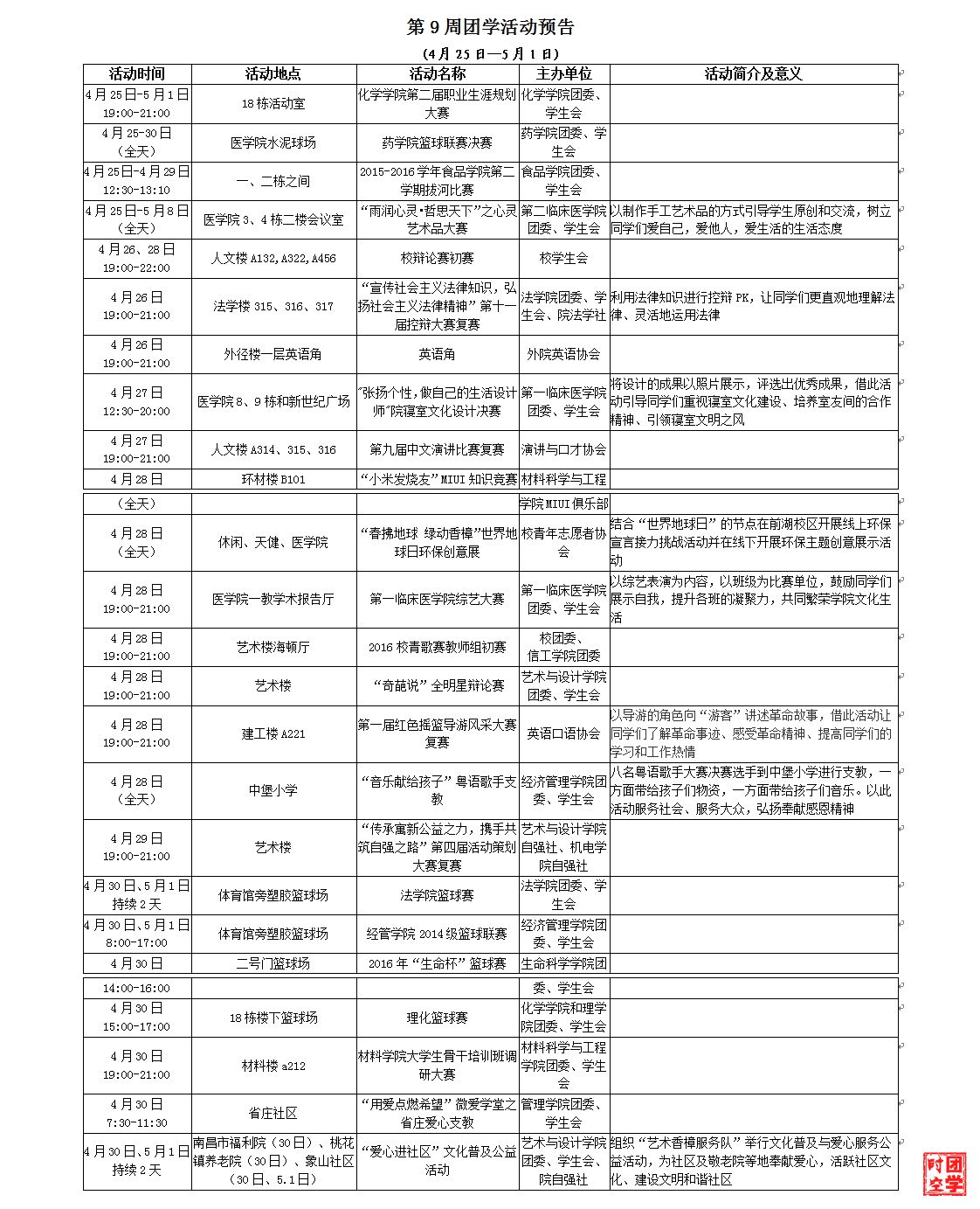 第9周团学活动预告（2016.4.25-5.1）