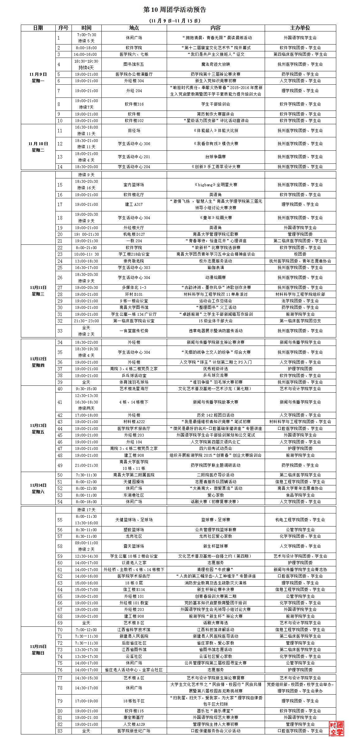 第十周团学活动预告（11月9日-11月15日）